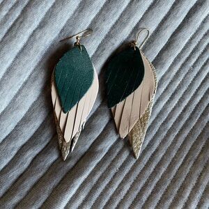 Sseko Designs Leather Layered Feather Earrings | Handmade | Green + Gold